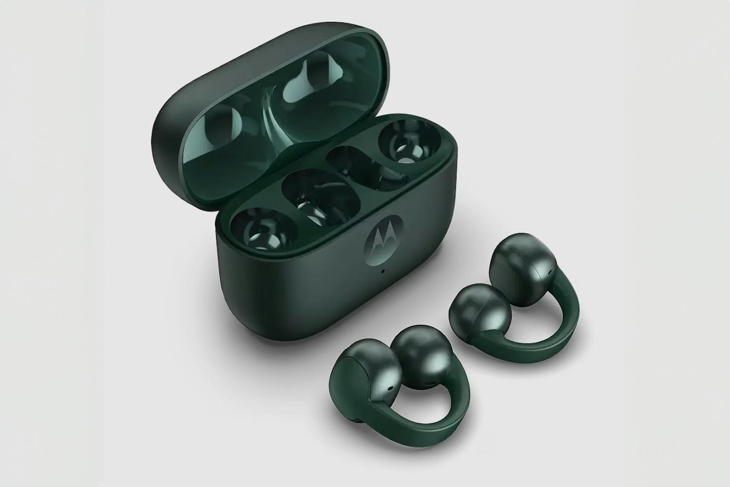 Det lidt særprægede headset griber fat om kanten af dit øre, så det ikke falder ud. Det lidt særprægede headset griber fat om kanten af dit øre, så det ikke falder ud.